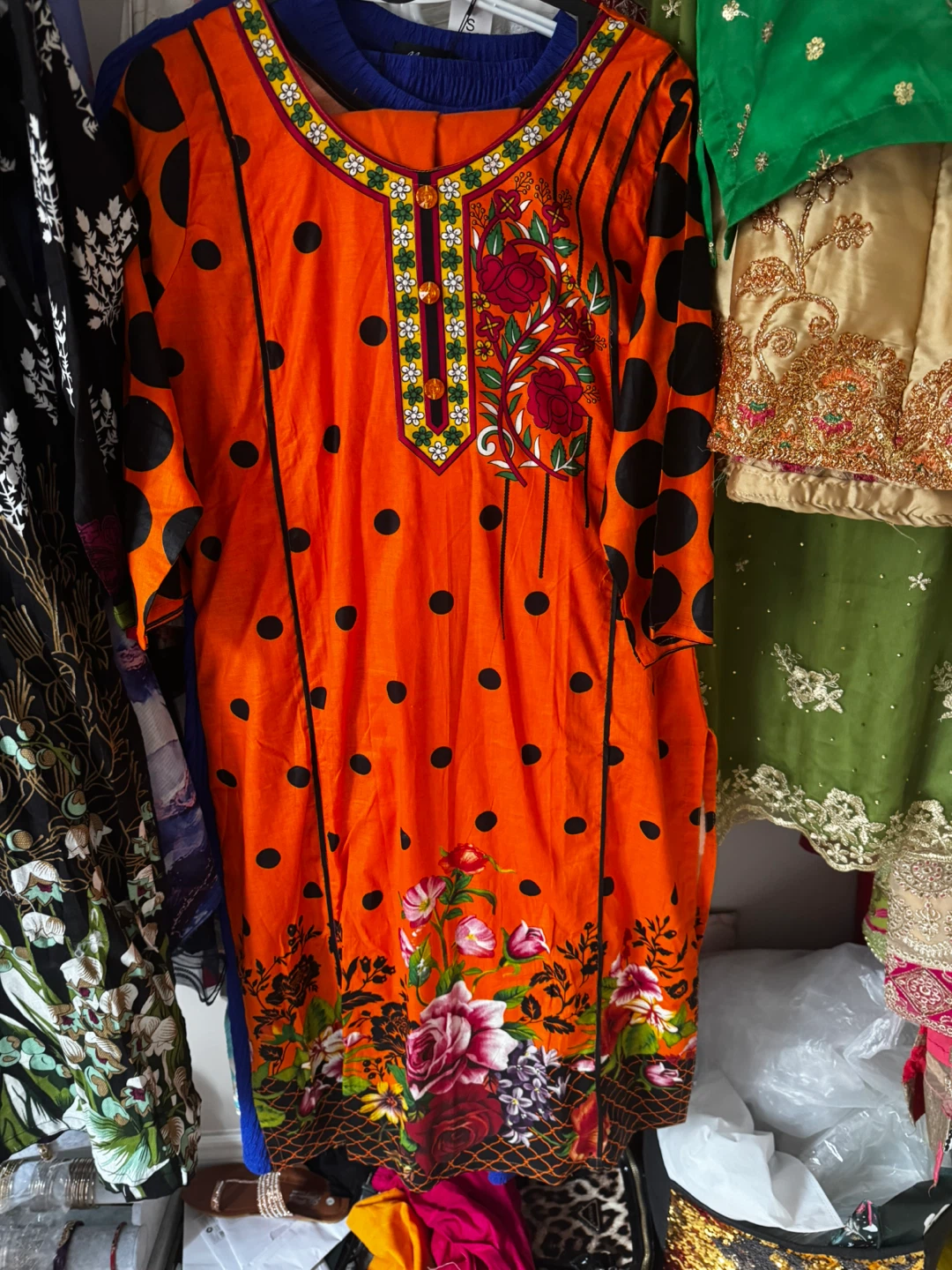 Orange 3 piecewith Black Polka Dots and Floral Print
