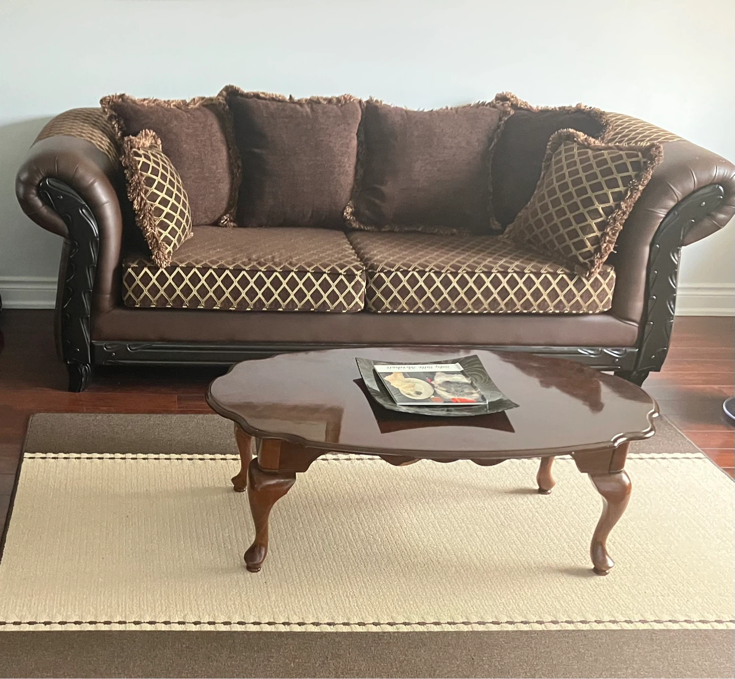 Brown Faux Leather Sofa with Decorative Pillows