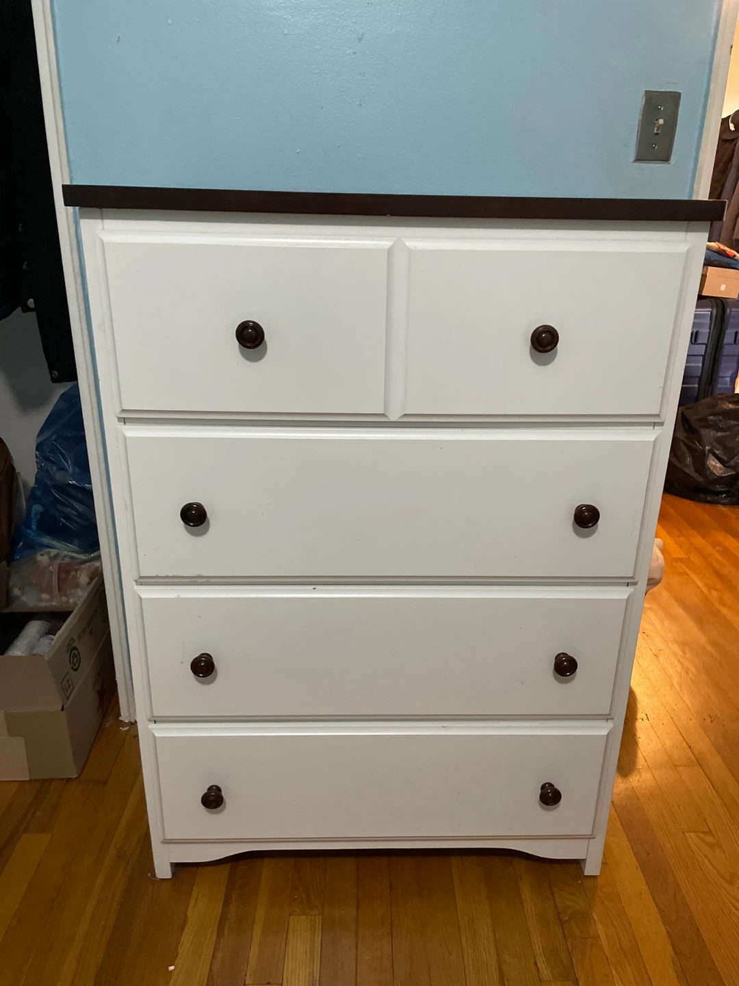 White Dresser with Dark Wood Top