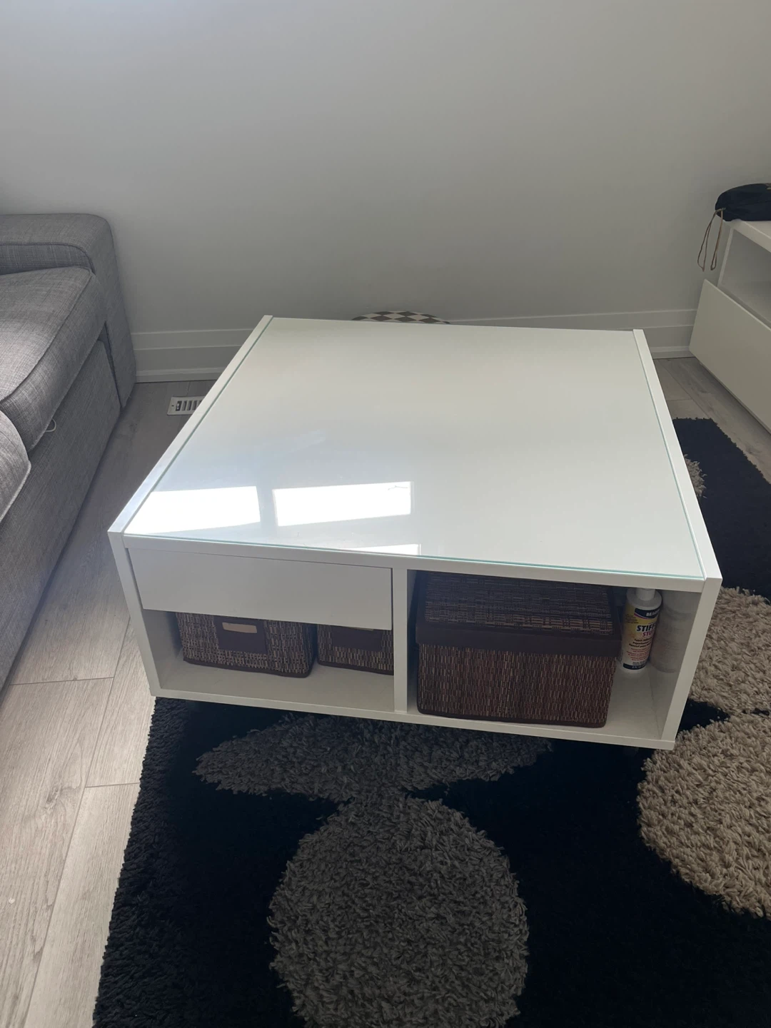 Ikea White Coffee Table with Glass Top and Storage