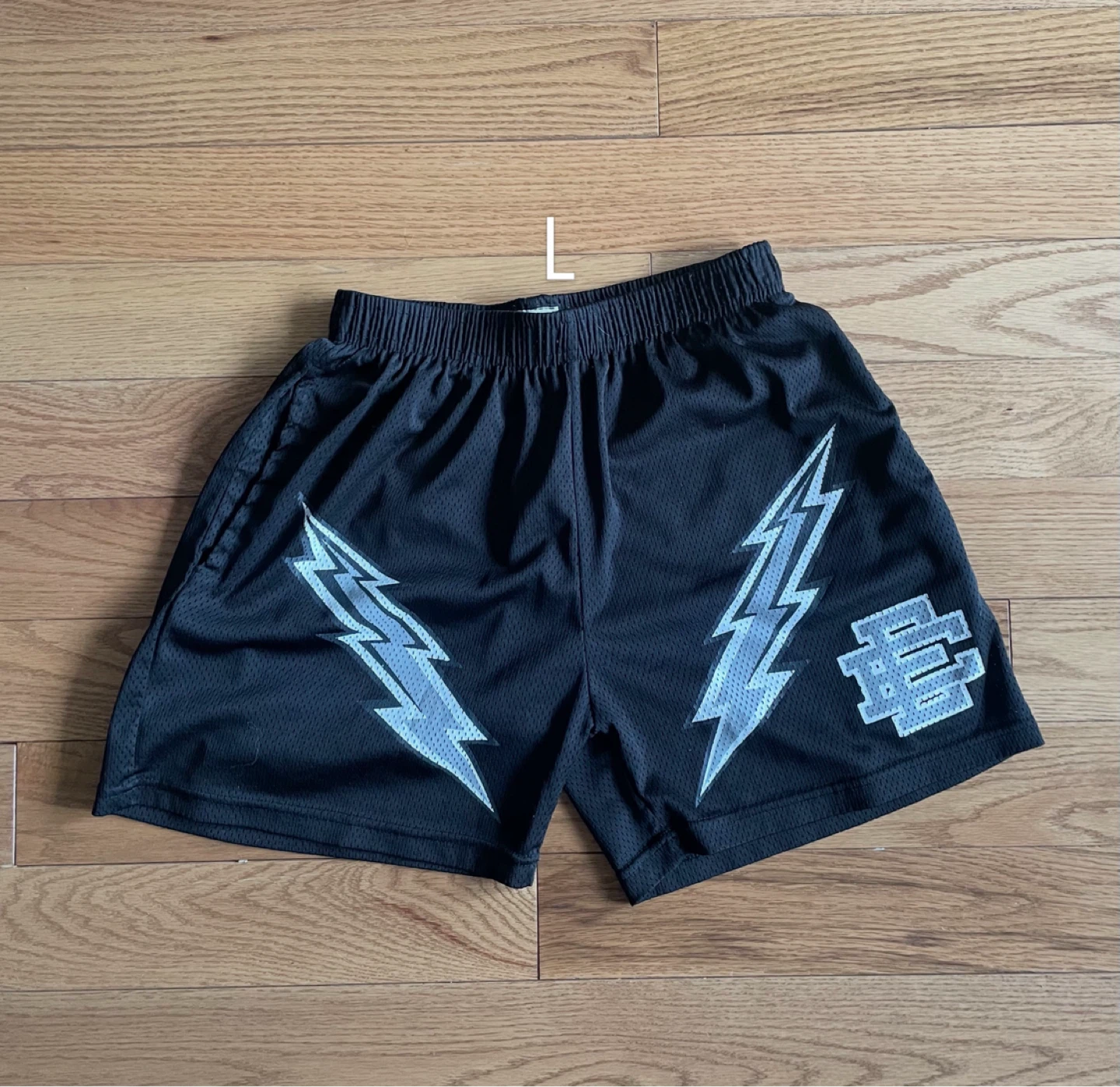 Black Eric Emmanuel Shorts with Lightning Bolt Graphic - Size L