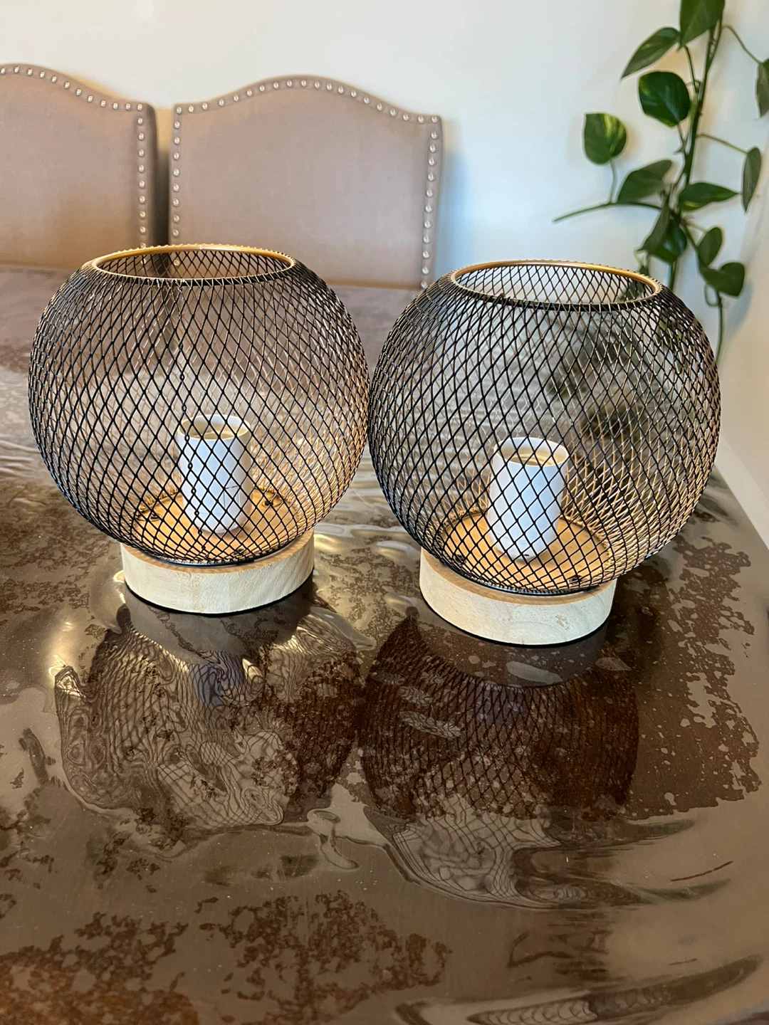 Set of 2 Black Metal Lanterns with Wood Base