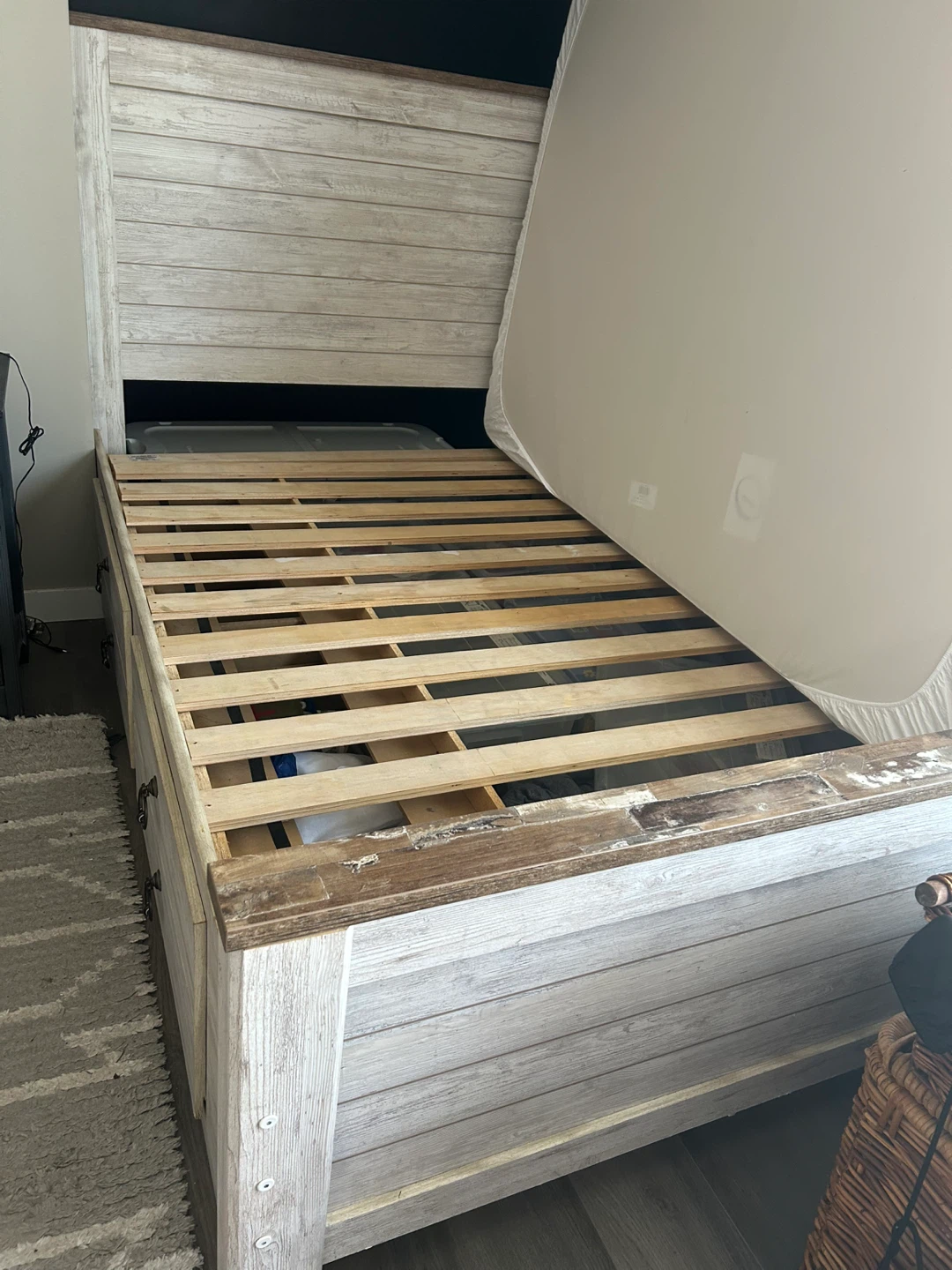 White Wood Double Bed Frame with Storage Drawers - photo 2