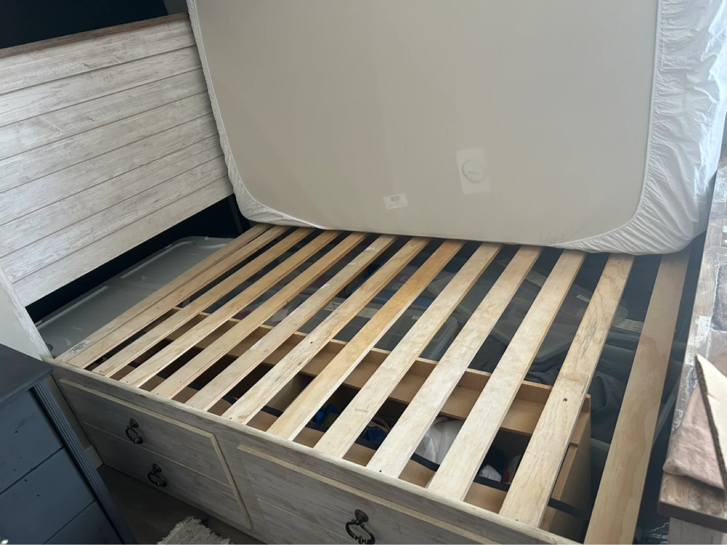 White Wood Double Bed Frame with Storage Drawers