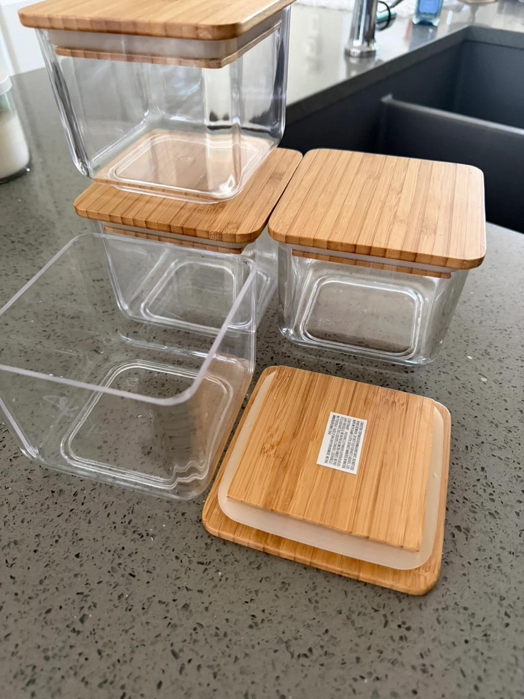 Set of 3 Clear Square Storage Containers with Bamboo Lids