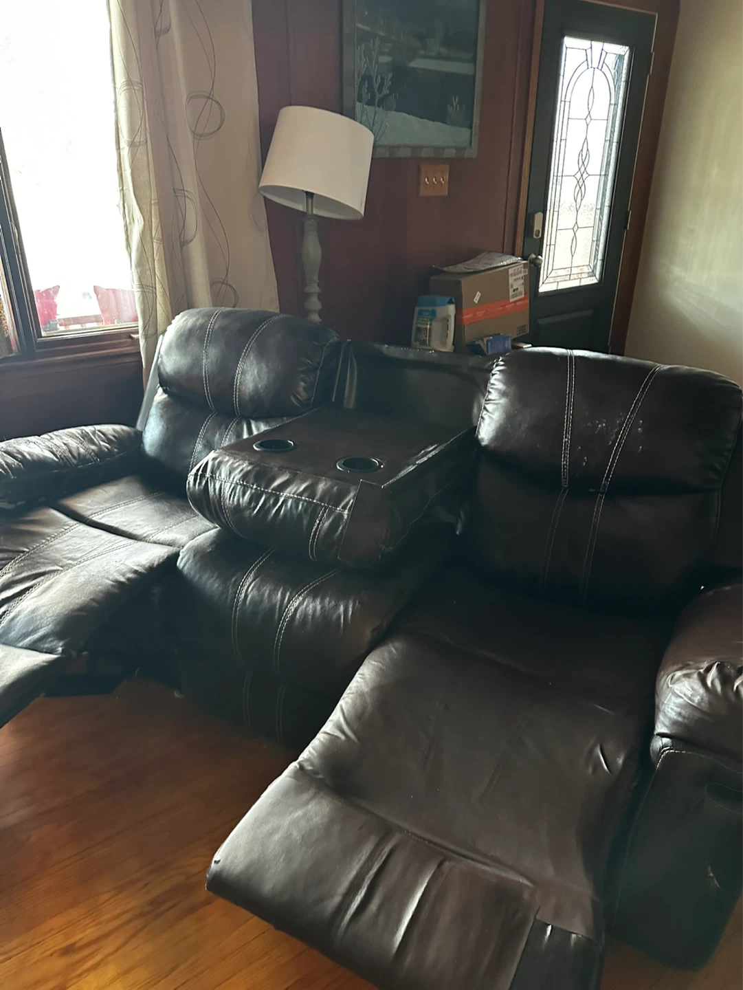 Dark Brown Leather Sectional Reclining Sofa with Console - photo 3