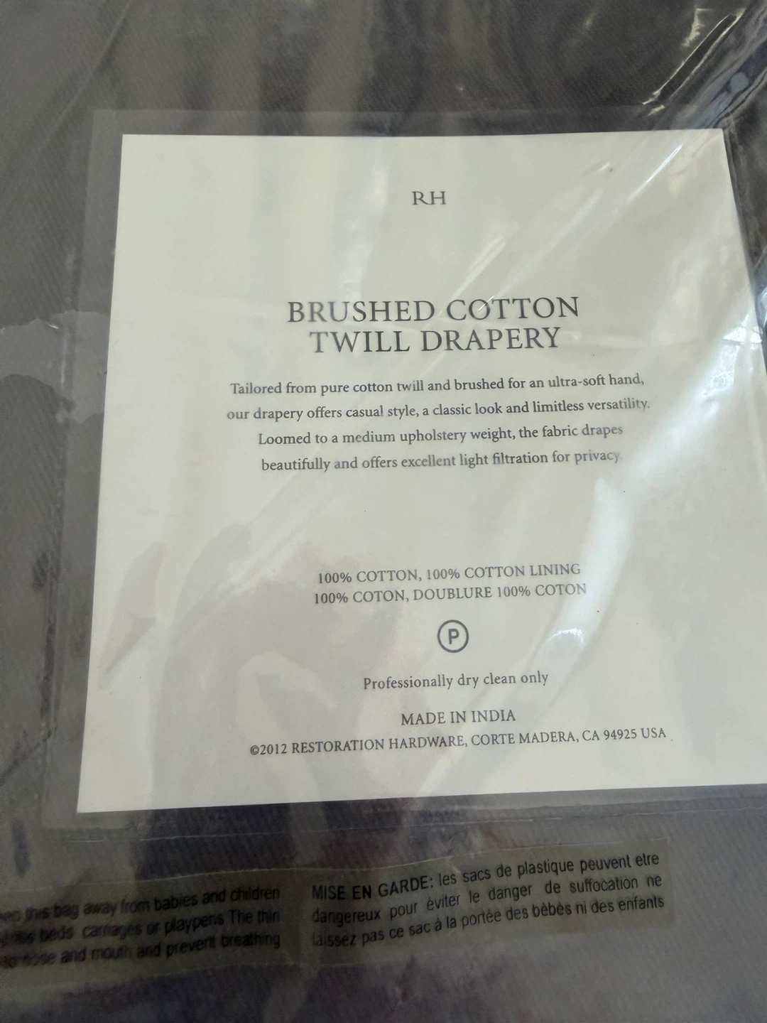 Restoration Hardware Brushed Cotton Twill Drapery - 100" x 96" - photo 2