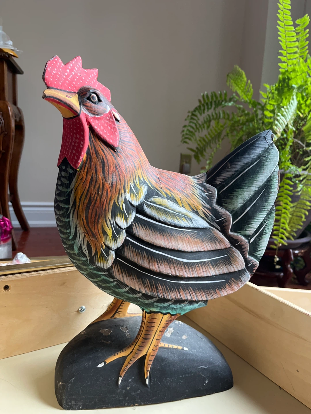 Hand-painted Wooden Rooster Figurine