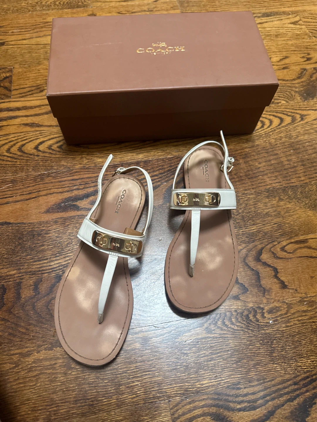 Coach White Leather Sandals with Gold Hardware