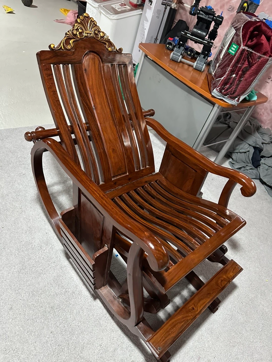 Solid Wood Rocking Chair with Ornate Golden Trim - photo 2