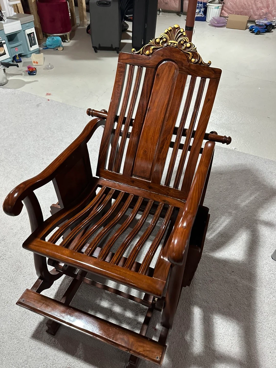 Solid Wood Rocking Chair with Ornate Golden Trim