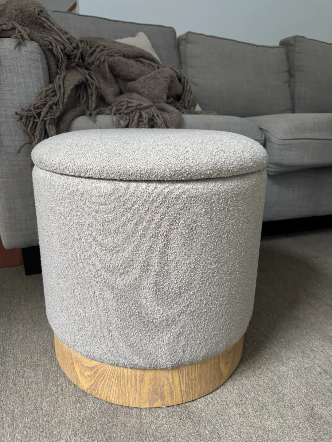 Greige boucle storage pouf