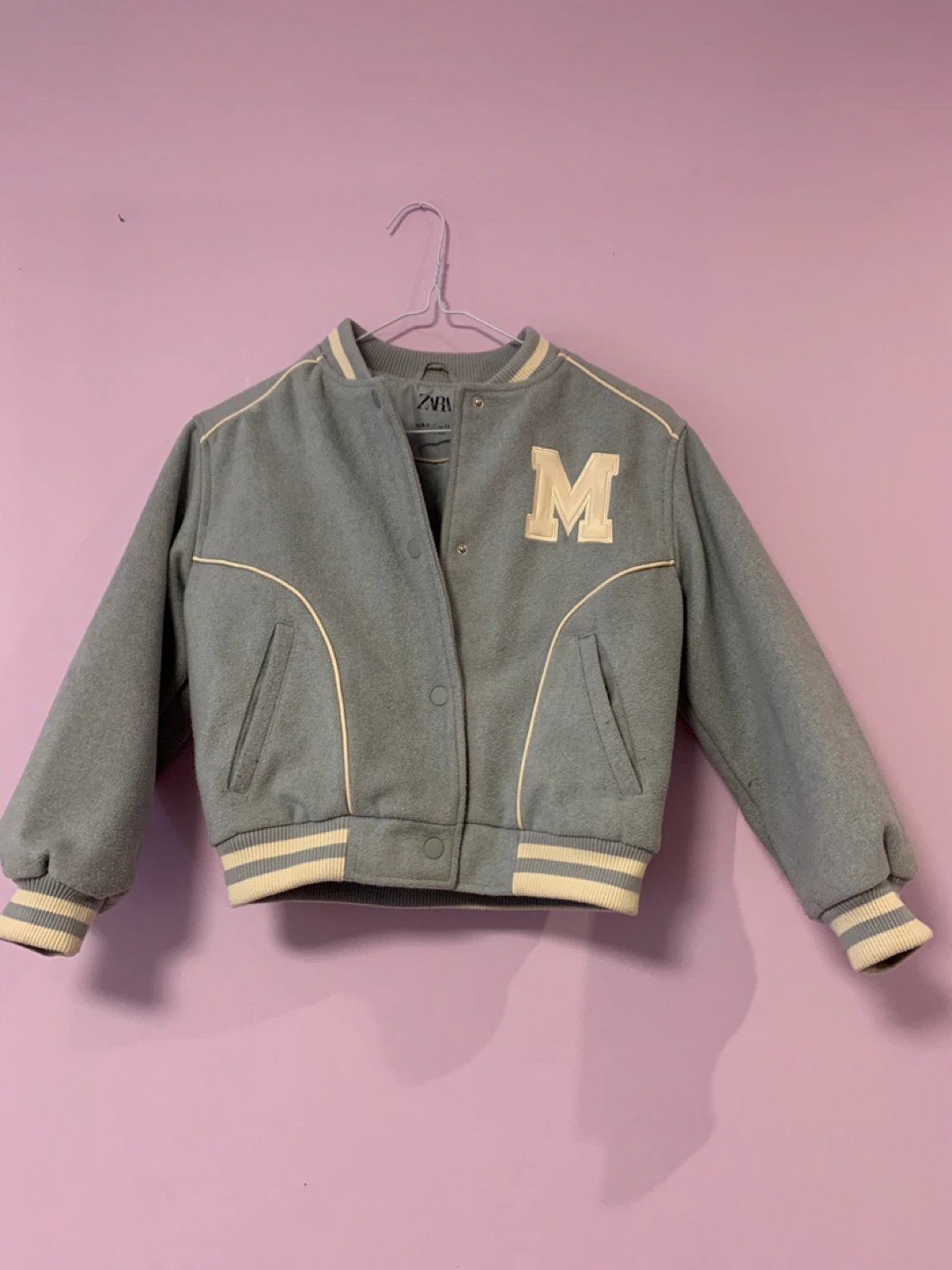 Zara light blue/grey varsity jacket with 'M' detail