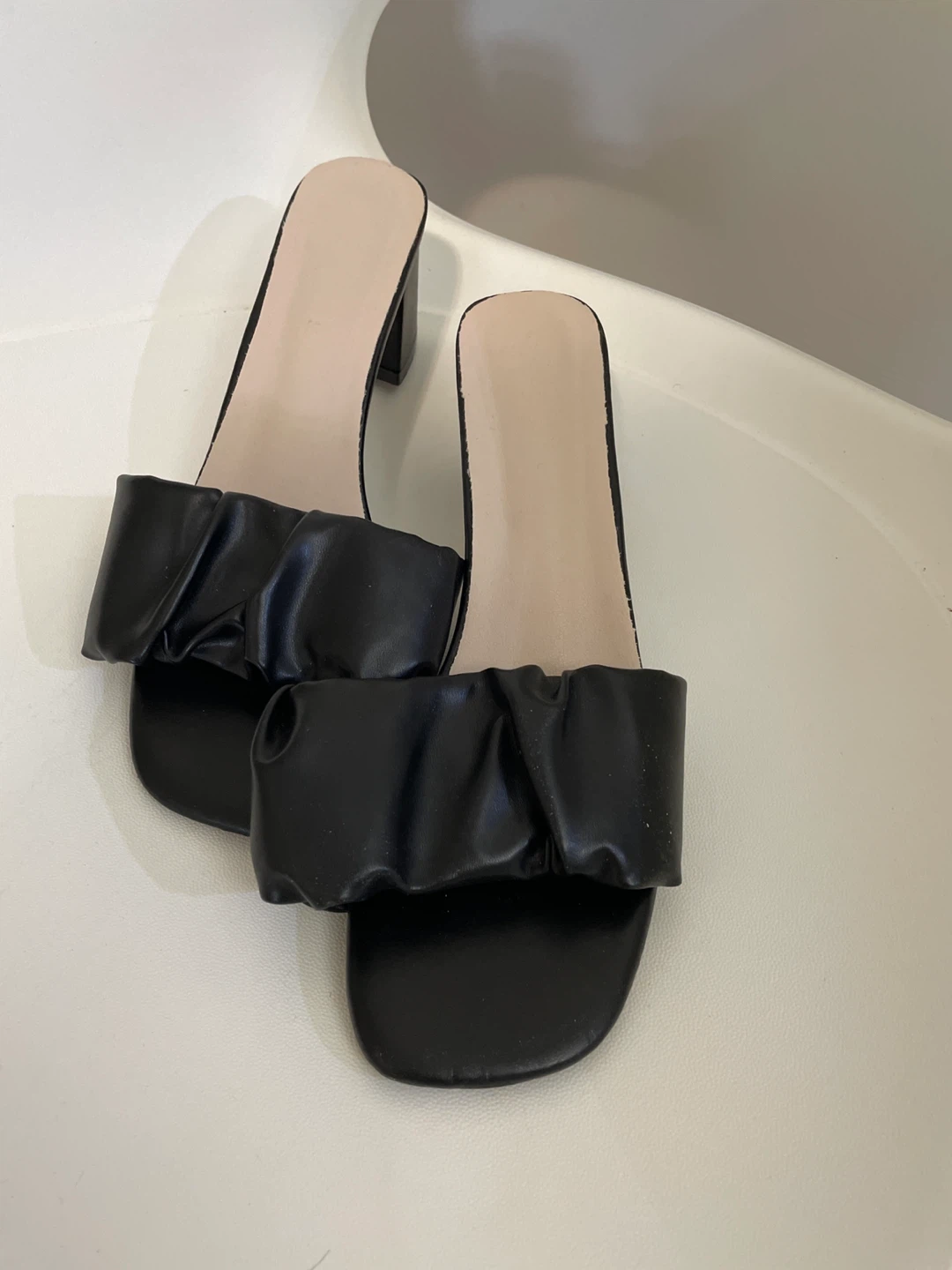 Black Faux Leather Ruched Block Heel Sandals