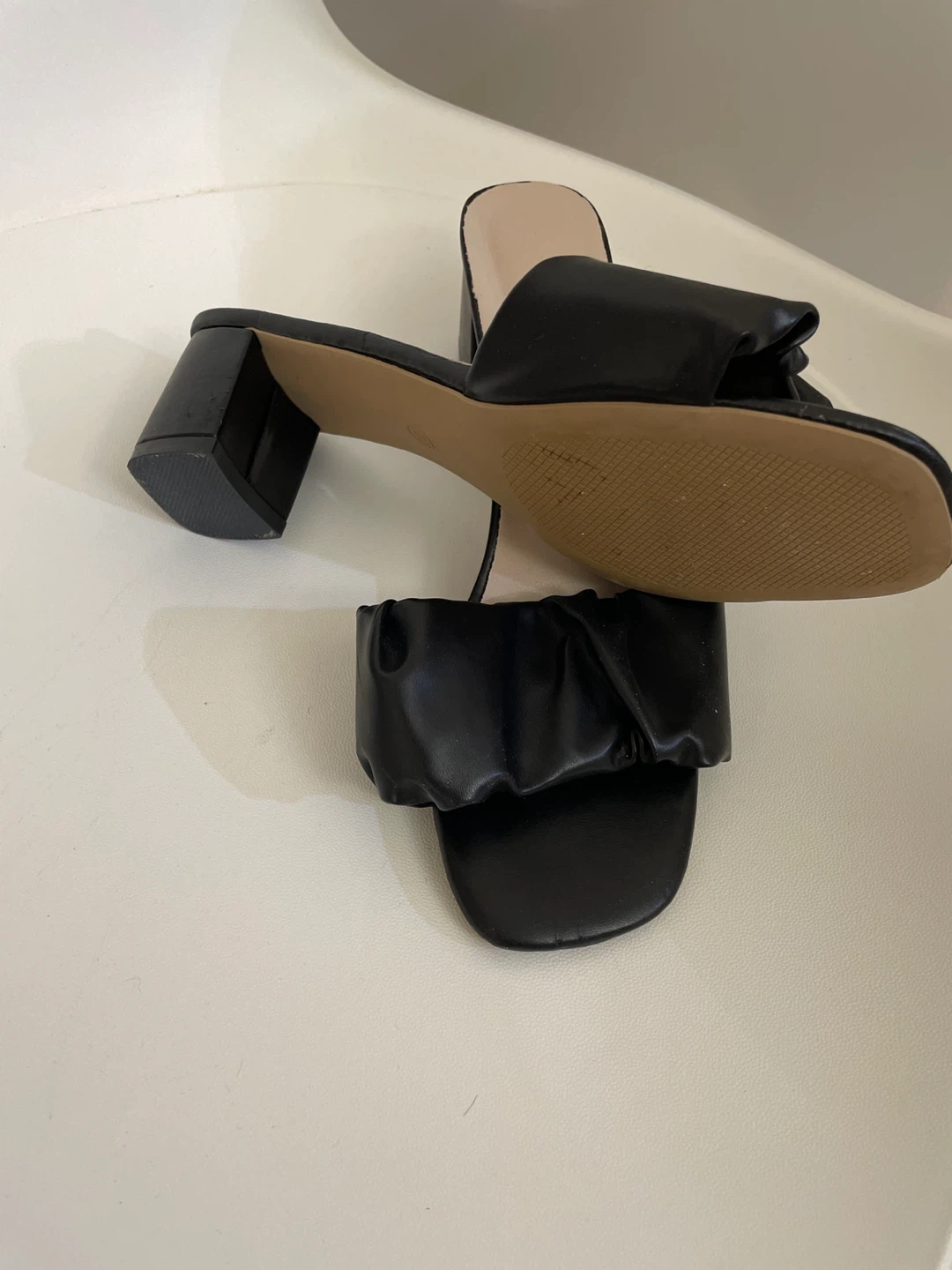 Black Faux Leather Ruched Block Heel Sandals - photo 2