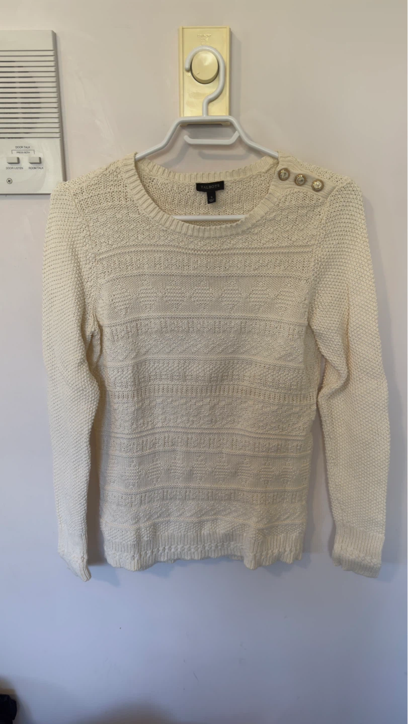 Talbots Cream Textured Knit Sweater with Button Detail