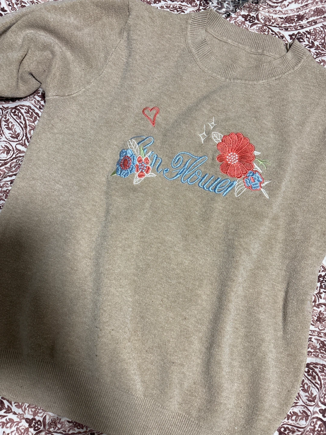 Tan Embroidered Flower Crewneck Sweater