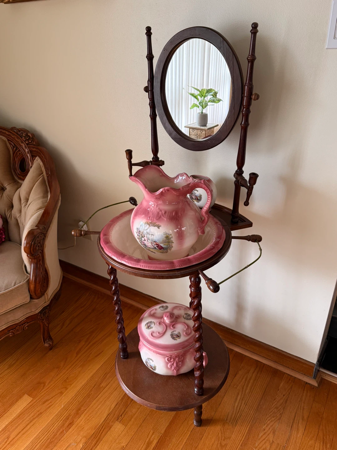 Vintage Pink Floral Wash Basin and Pitcher Set