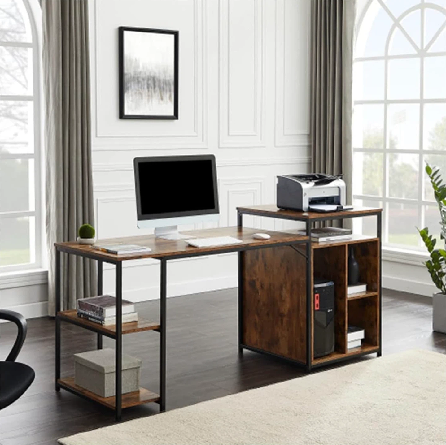 Rustic Wood Grain Computer Desk with Shelving