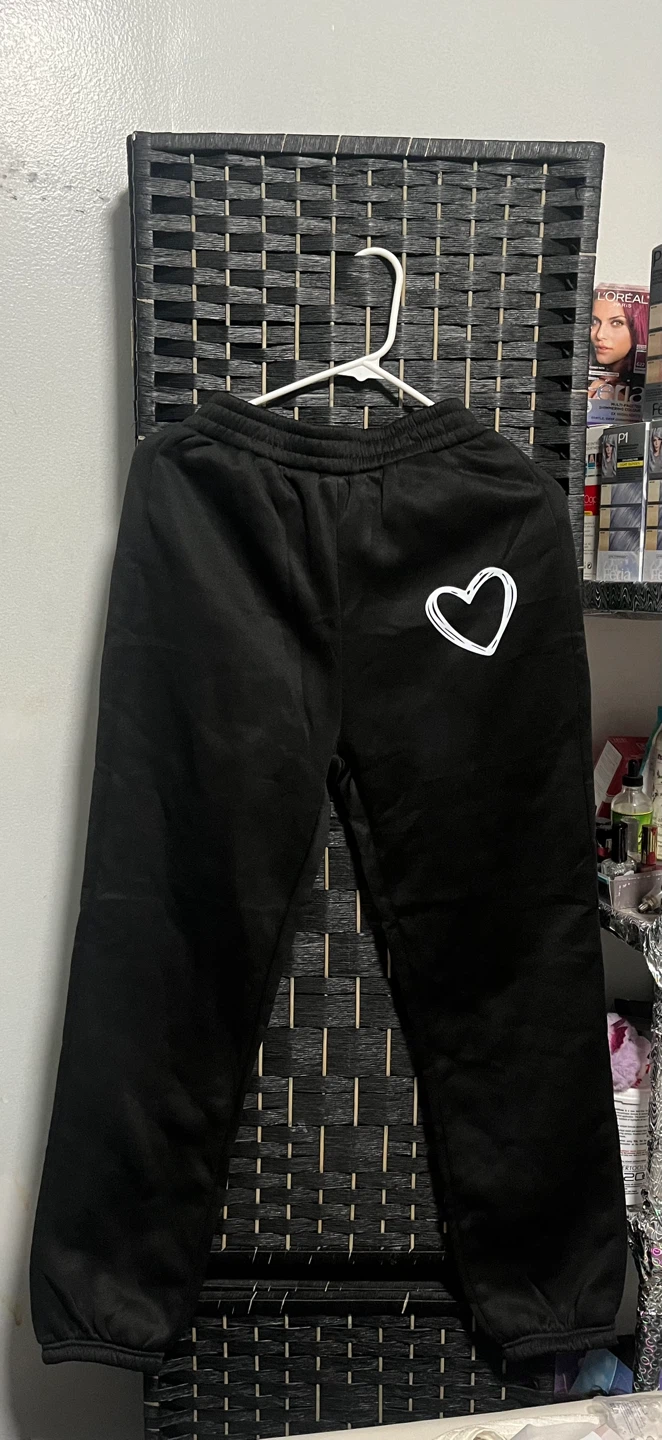 Black Sweatpants with White Heart Graphic