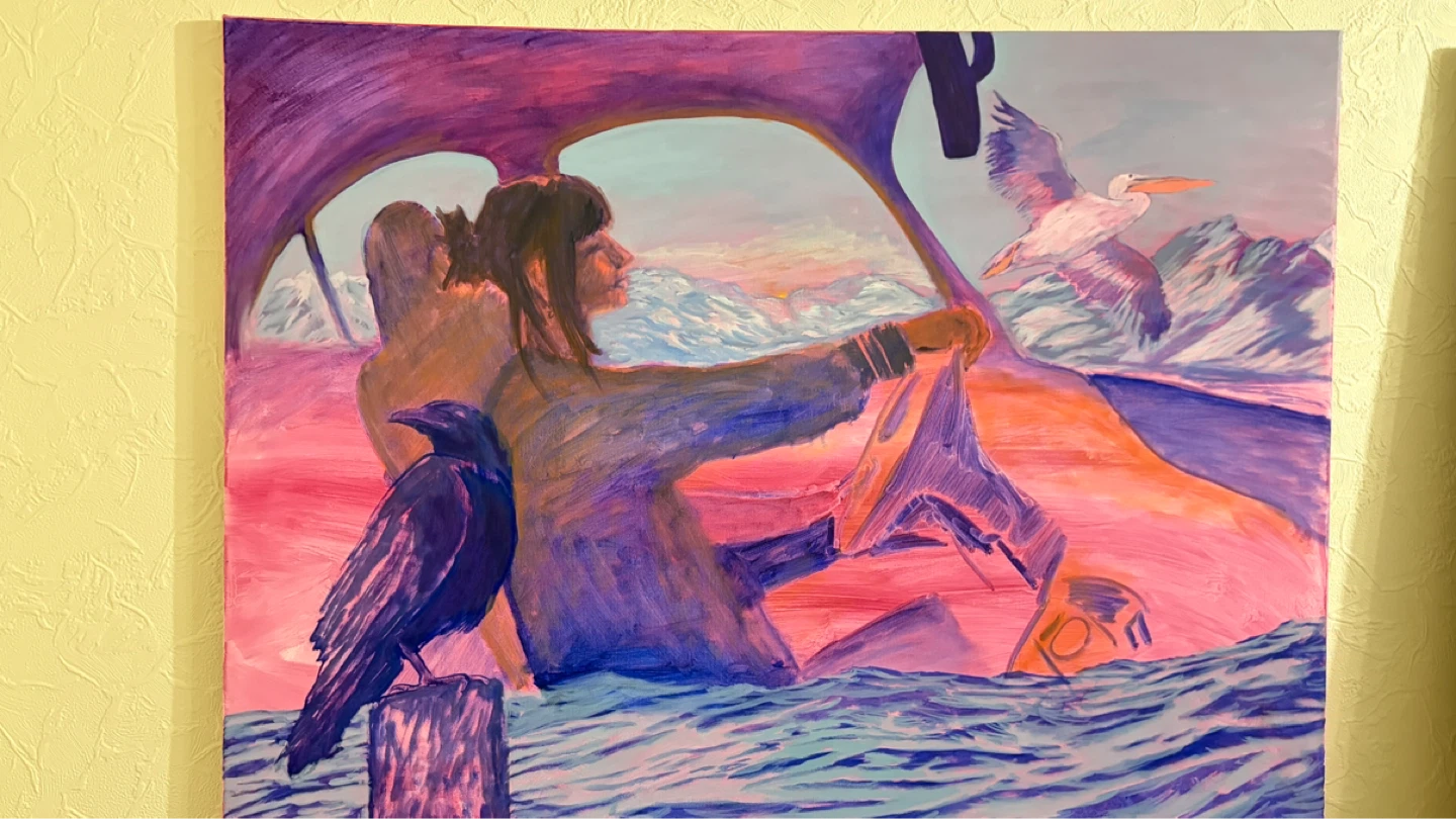 Original Oil Painting - Surreal dreamlike driving among Wildlife - photo 2