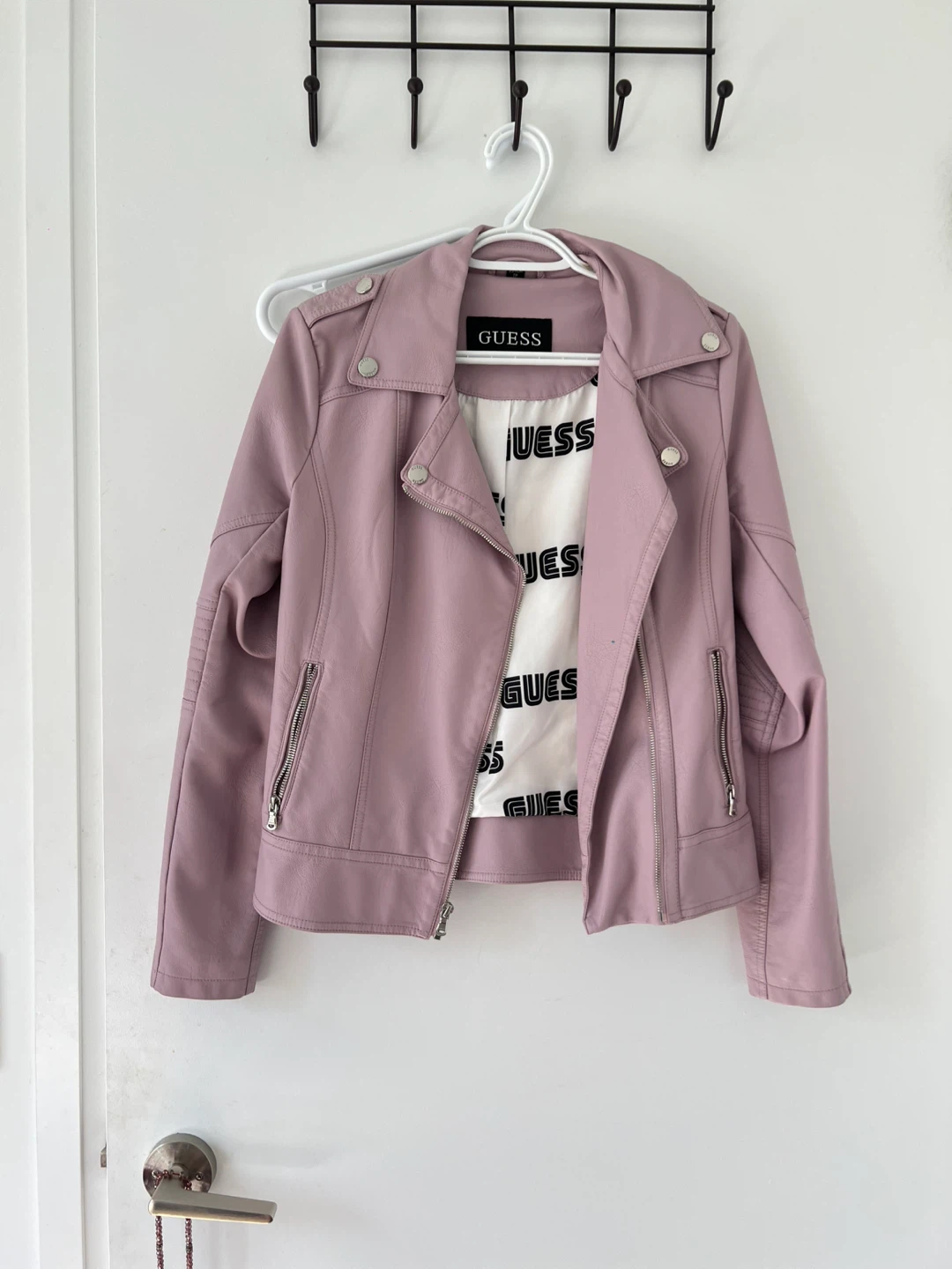 Guess Pink Faux Leather Moto Jacket XS