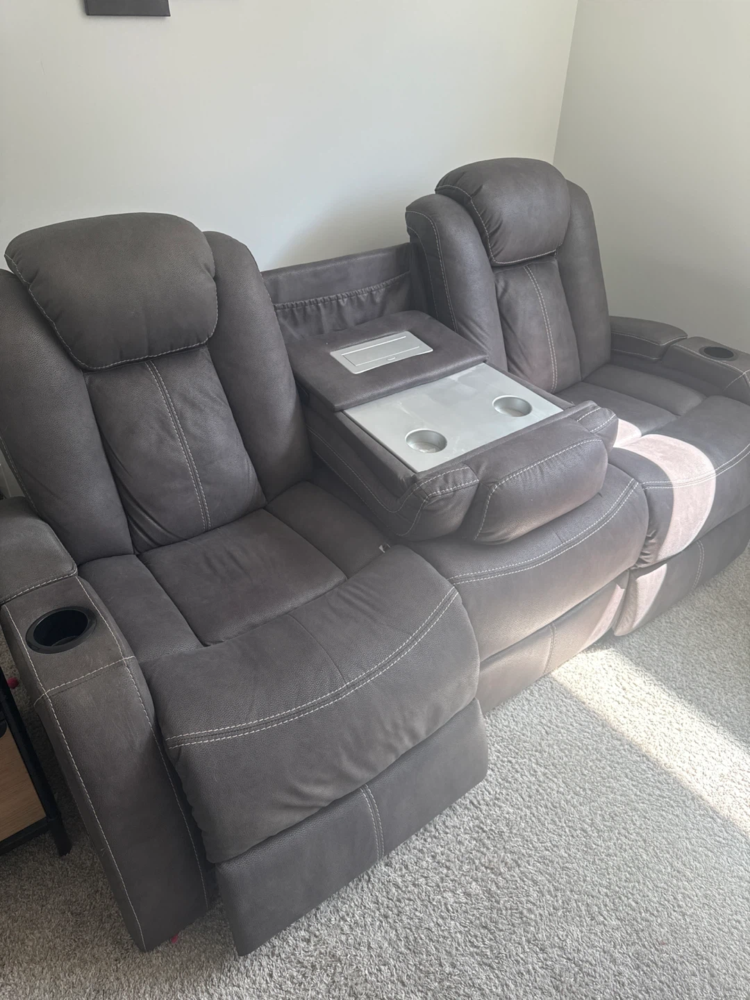 Dark Grey Reclining Loveseat with Console
