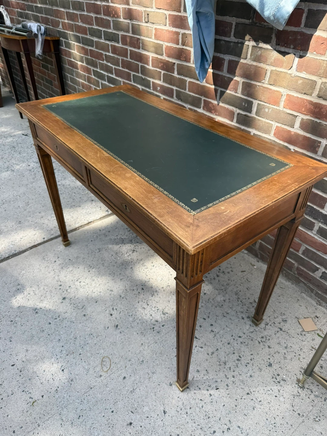 Vintage Wood Desk with Green Leather Top