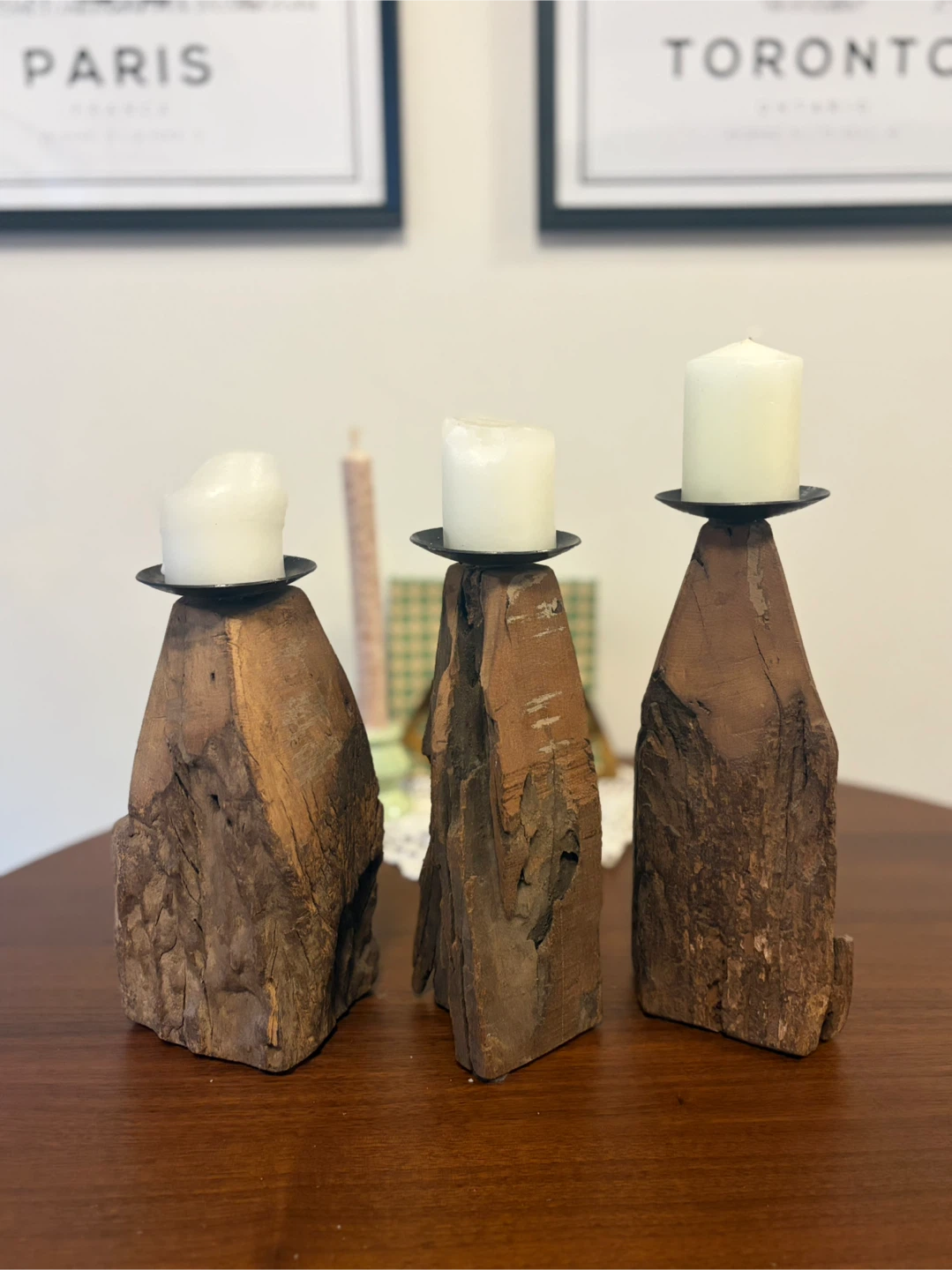 Set of 3 Rustic Wood Candle Holders