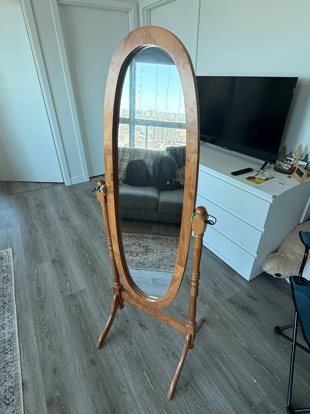 Oval Standing Mirror with Wooden Frame