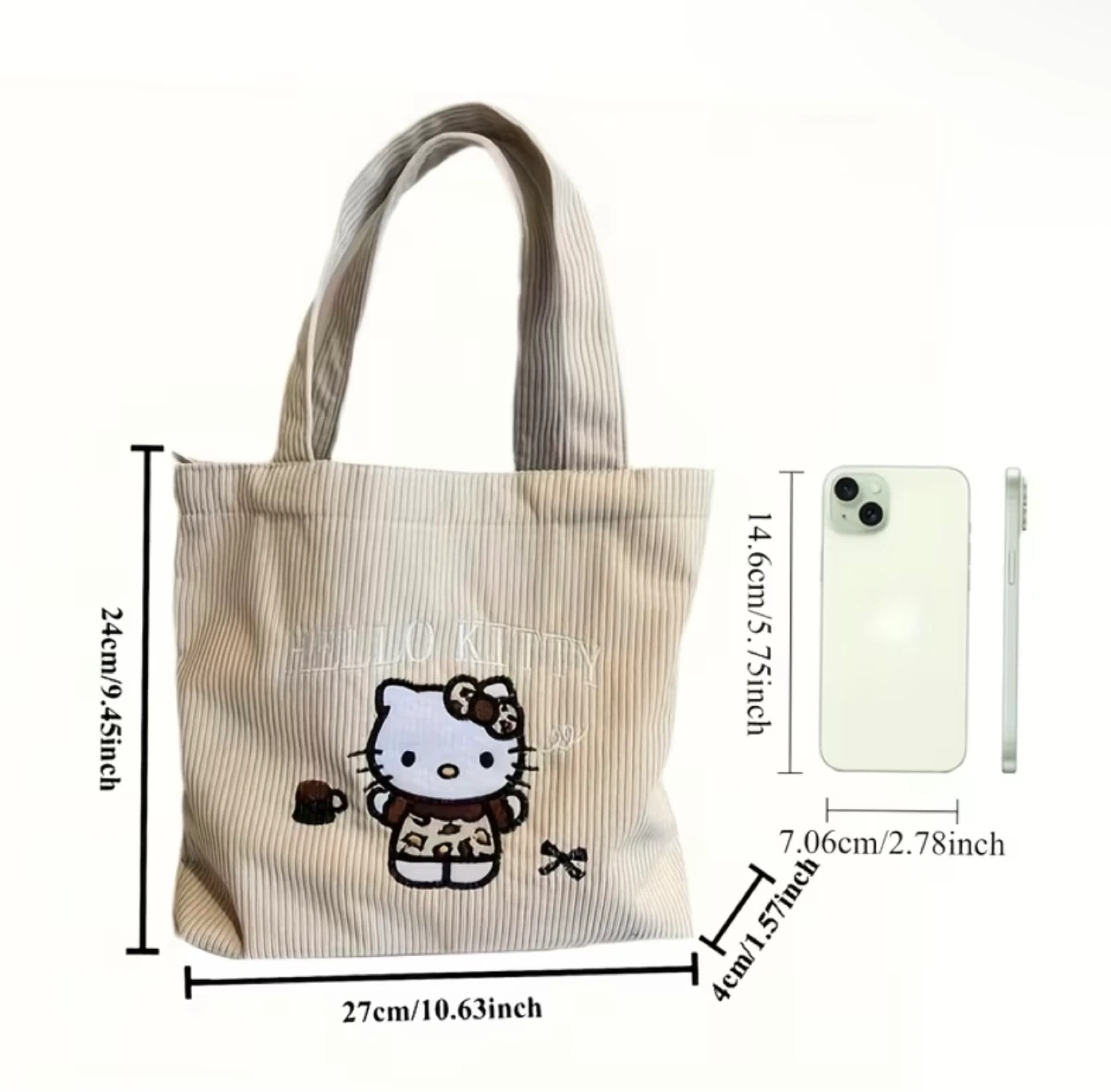 HELLO KITTY Corduroy Cream White Leopard Kitty Tote Bag - photo 3