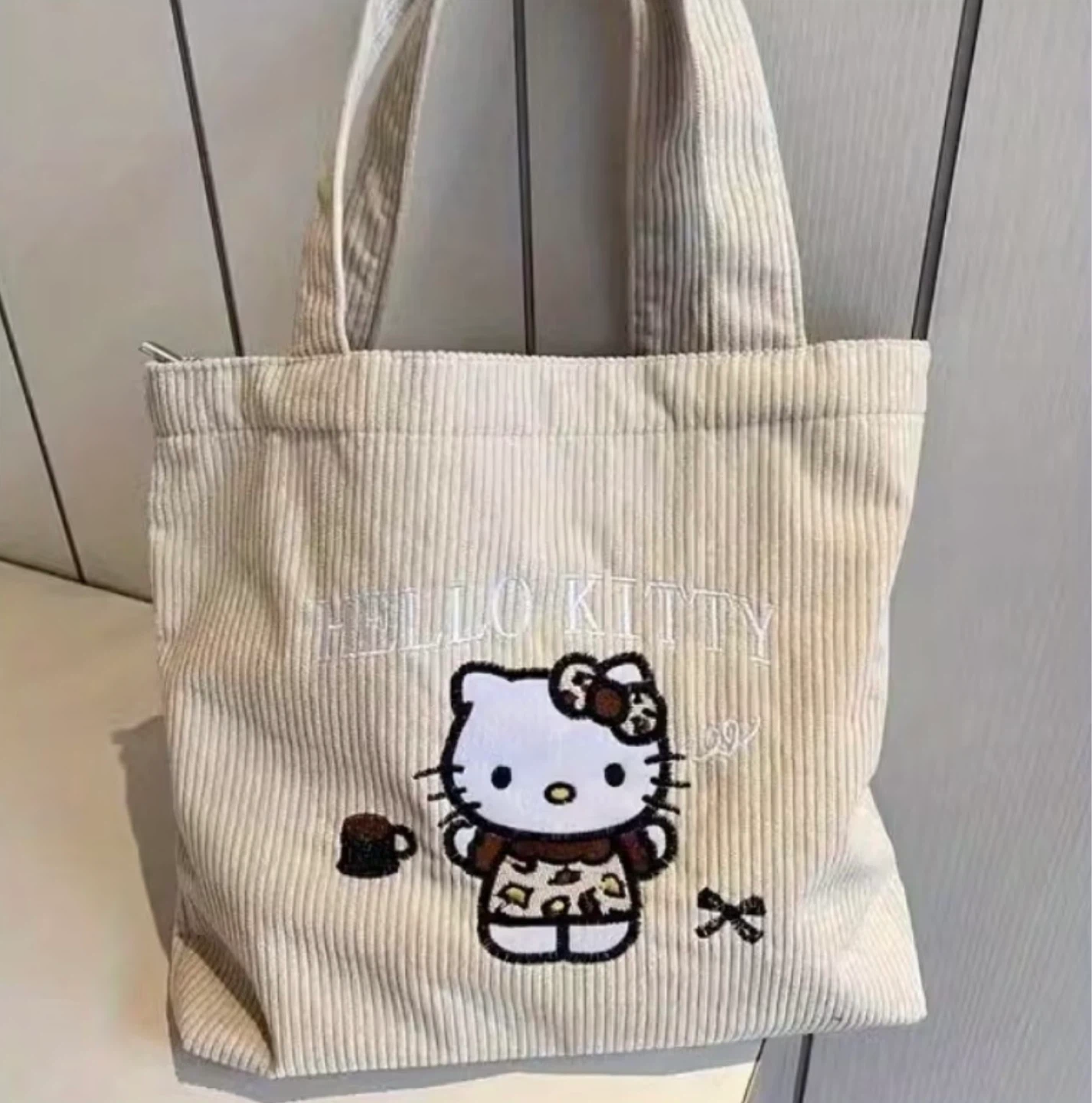 HELLO KITTY Corduroy Cream White Leopard Kitty Tote Bag