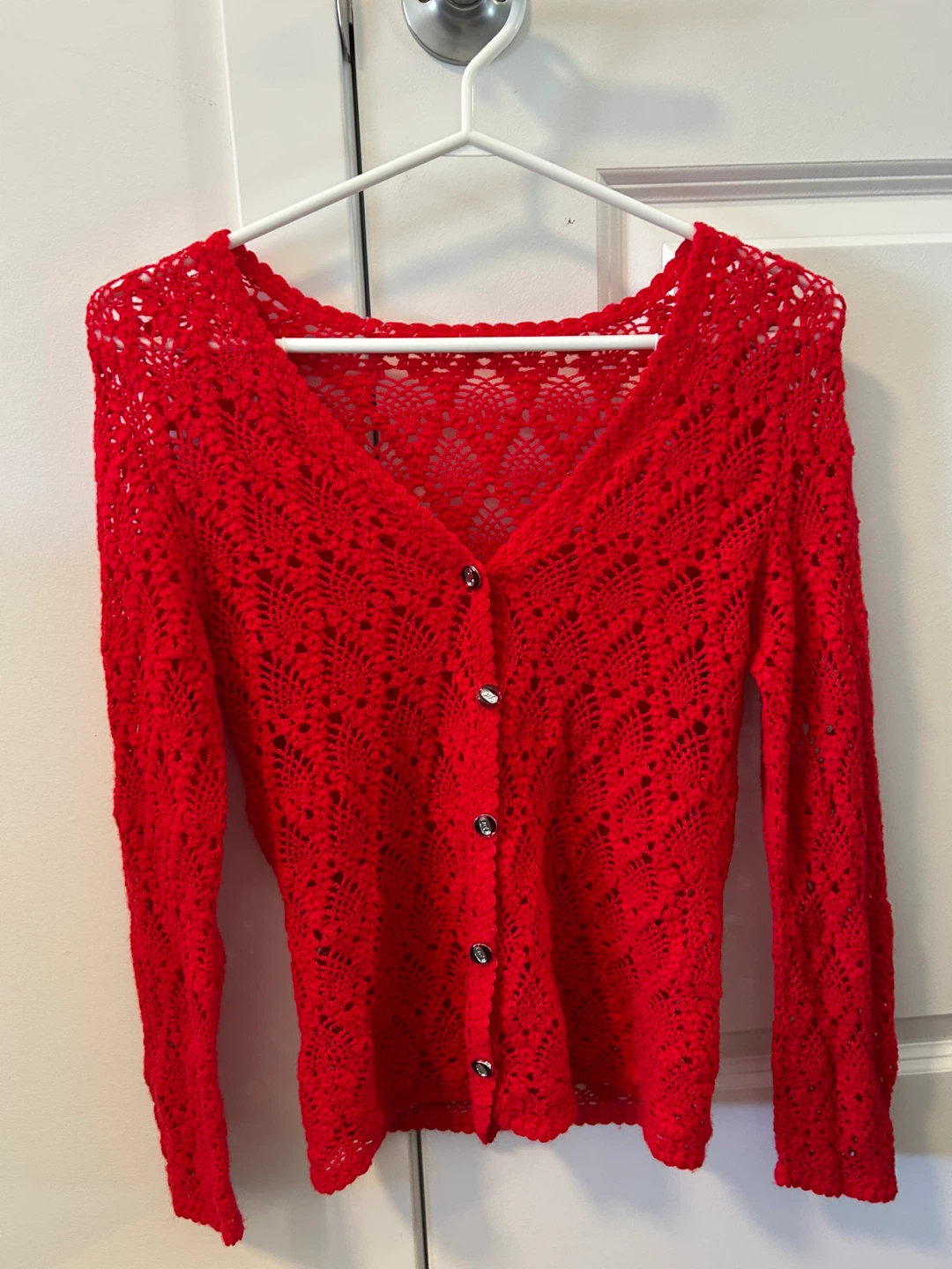Red Crochet Button-Up Cardigan