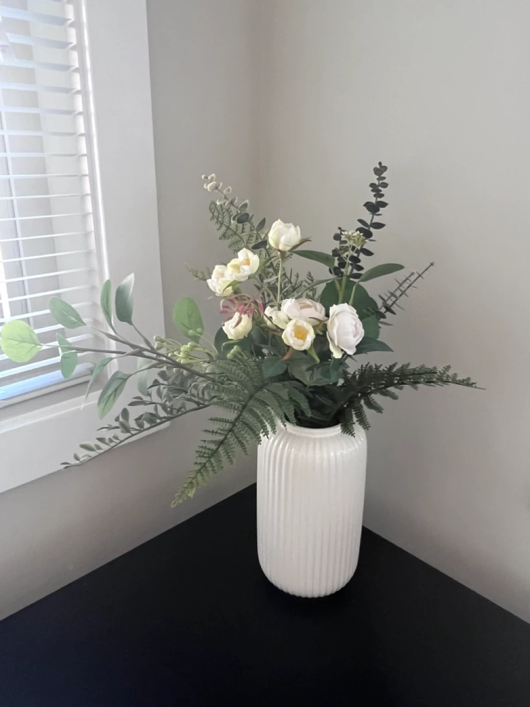 White Faux Floral in Ribbed Vase