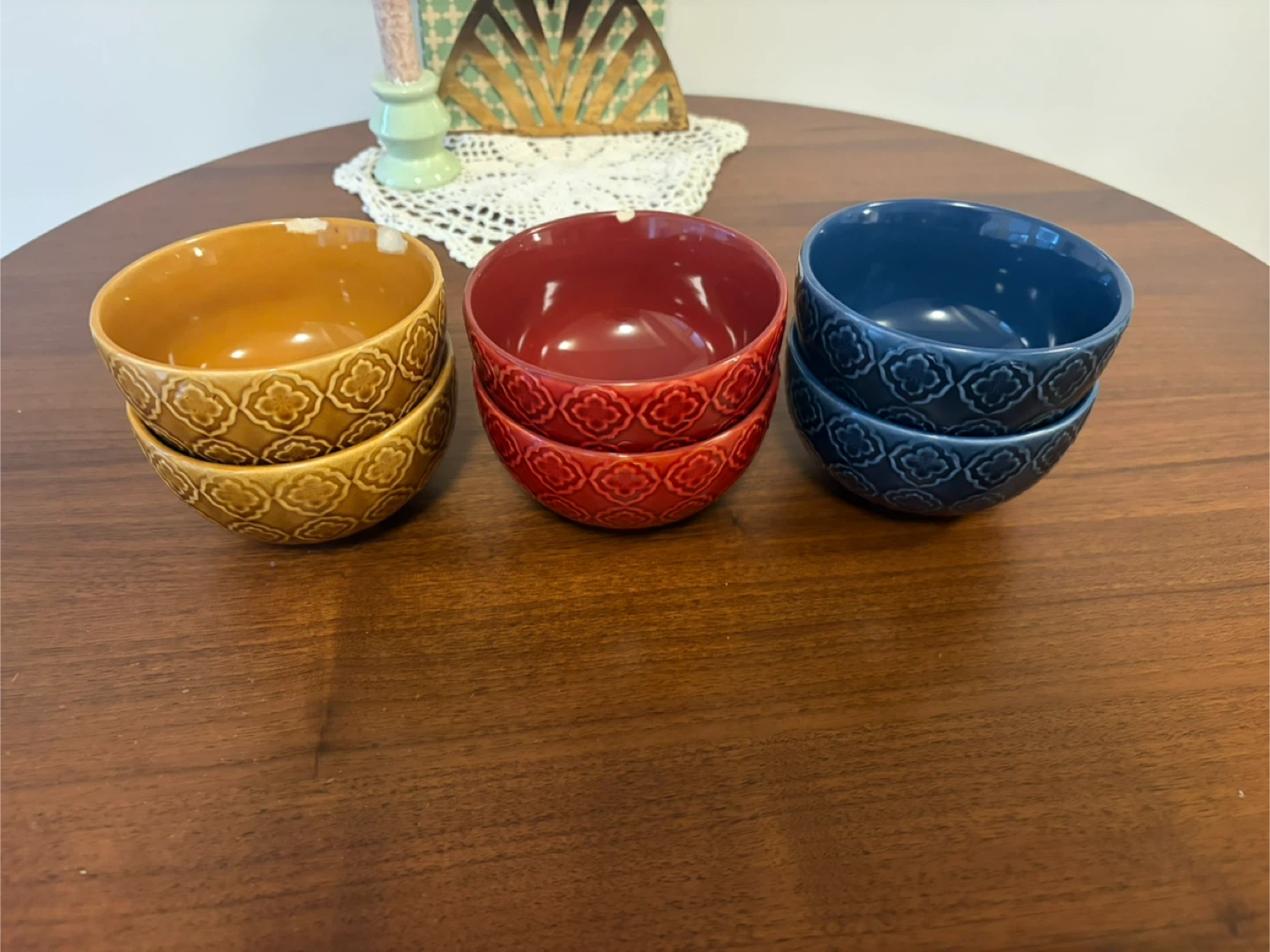 Set of 6 Embossed Ceramic Bowls (2 Yellow, 2 Red, 2 Blue)