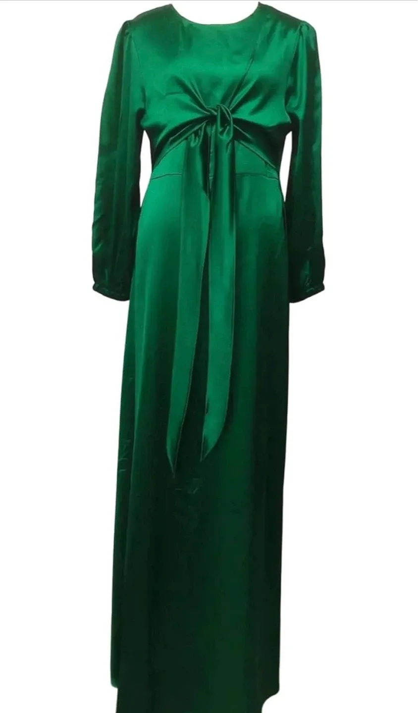 Emerald Green Satin Tie Front Maxi Dress