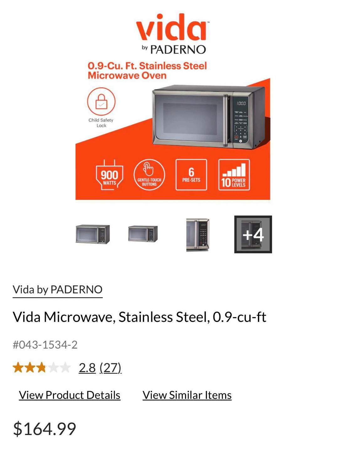 Vida by Paderno Stainless Steel Microwave Oven