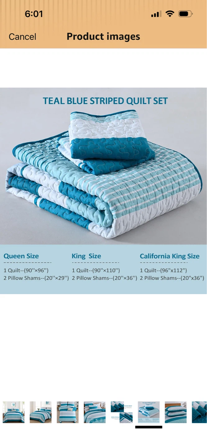 New-Dinjoy Teal Blue Striped King Size Quilt Set - photo 2