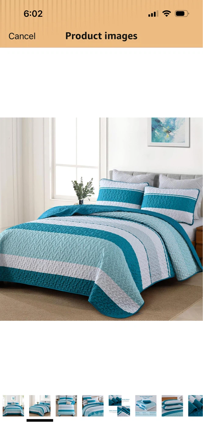 New-Dinjoy Teal Blue Striped King Size Quilt Set - photo 3
