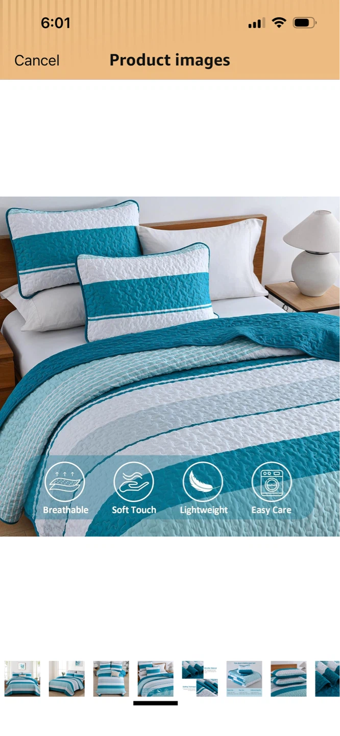 New-Dinjoy Teal Blue Striped King Size Quilt Set - photo 4