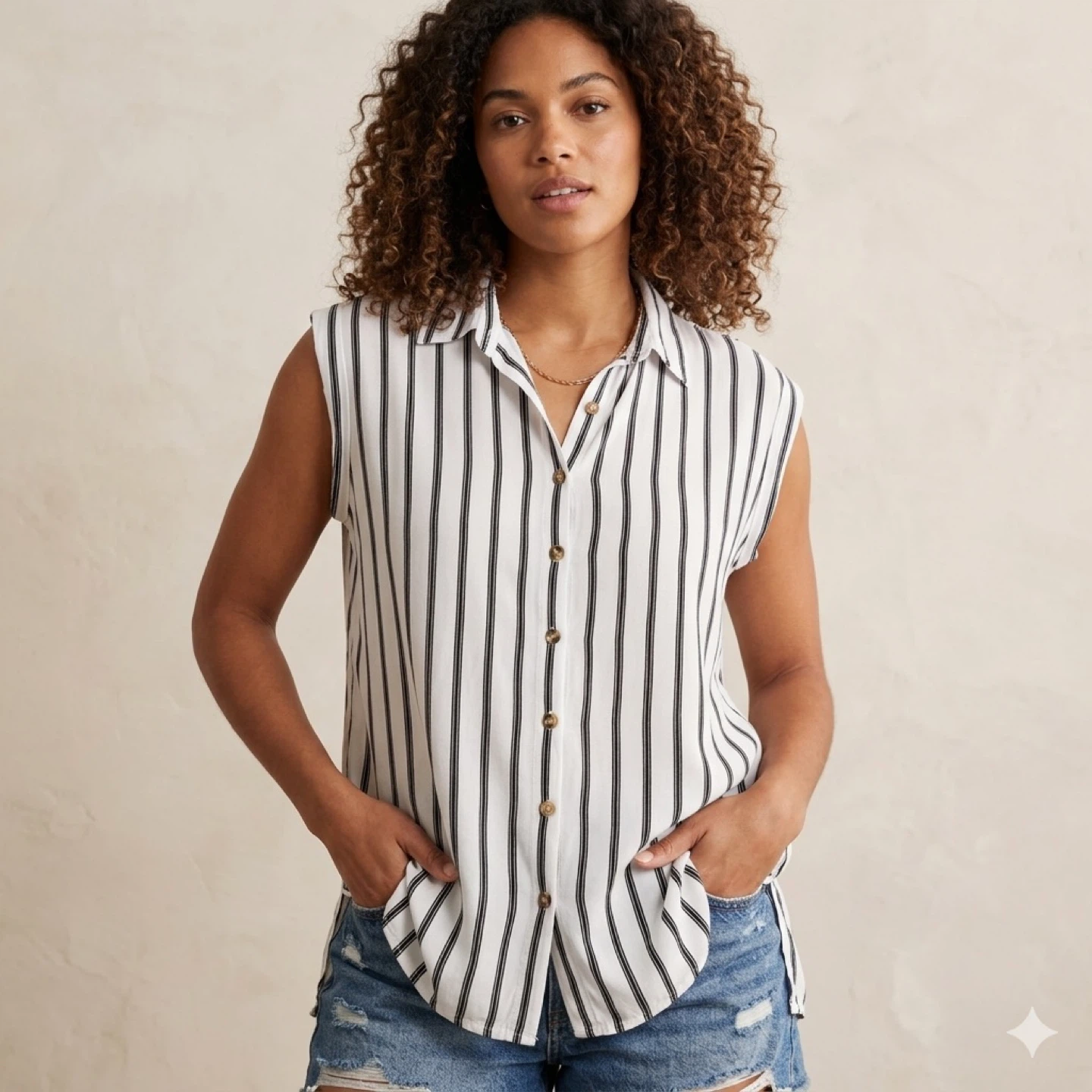 Sleeveless Striped Button Up White Black Lightweight Blouse M
