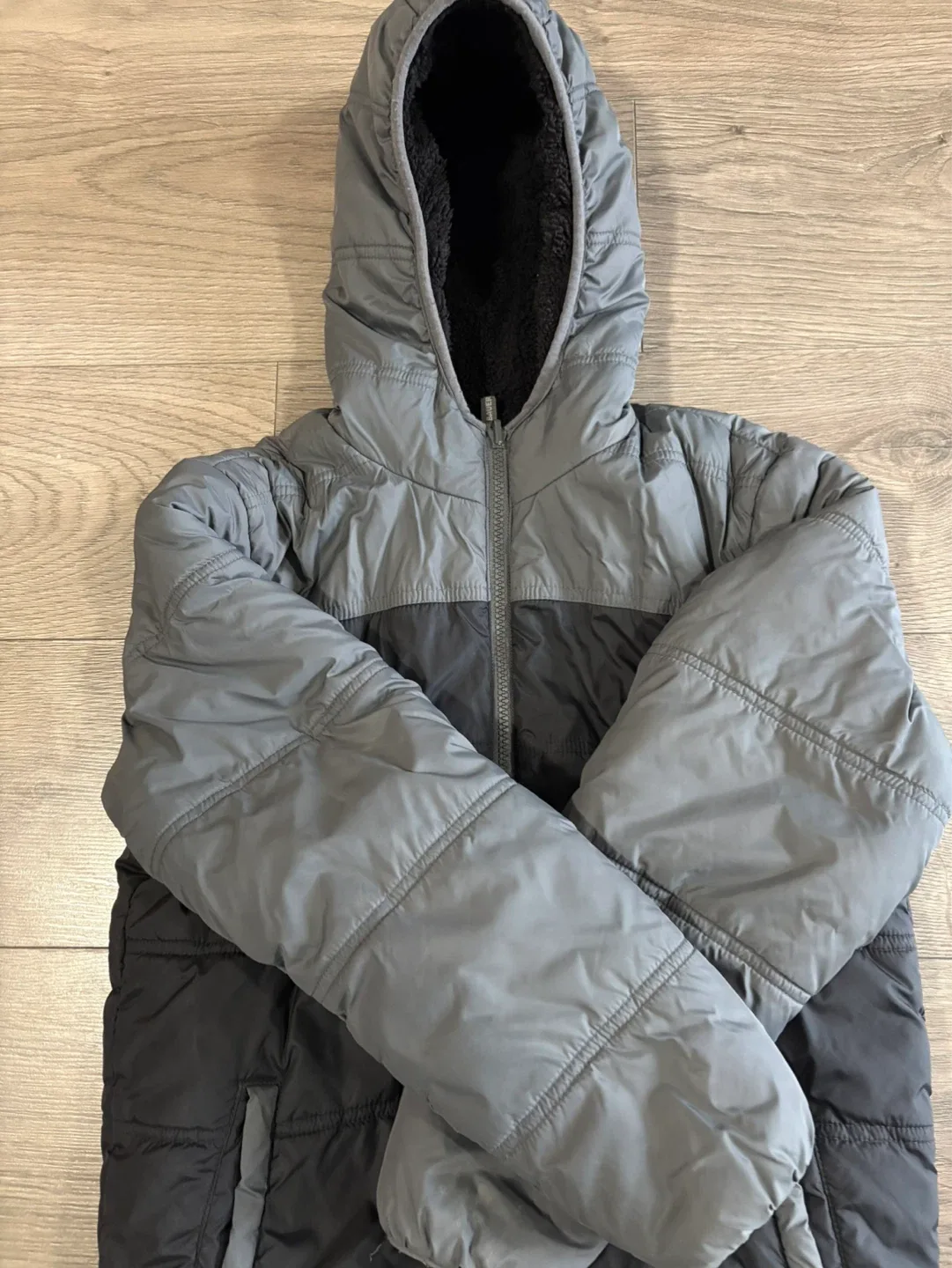 Grey and Black Puffer Jacket with Sherpa Lined Hood