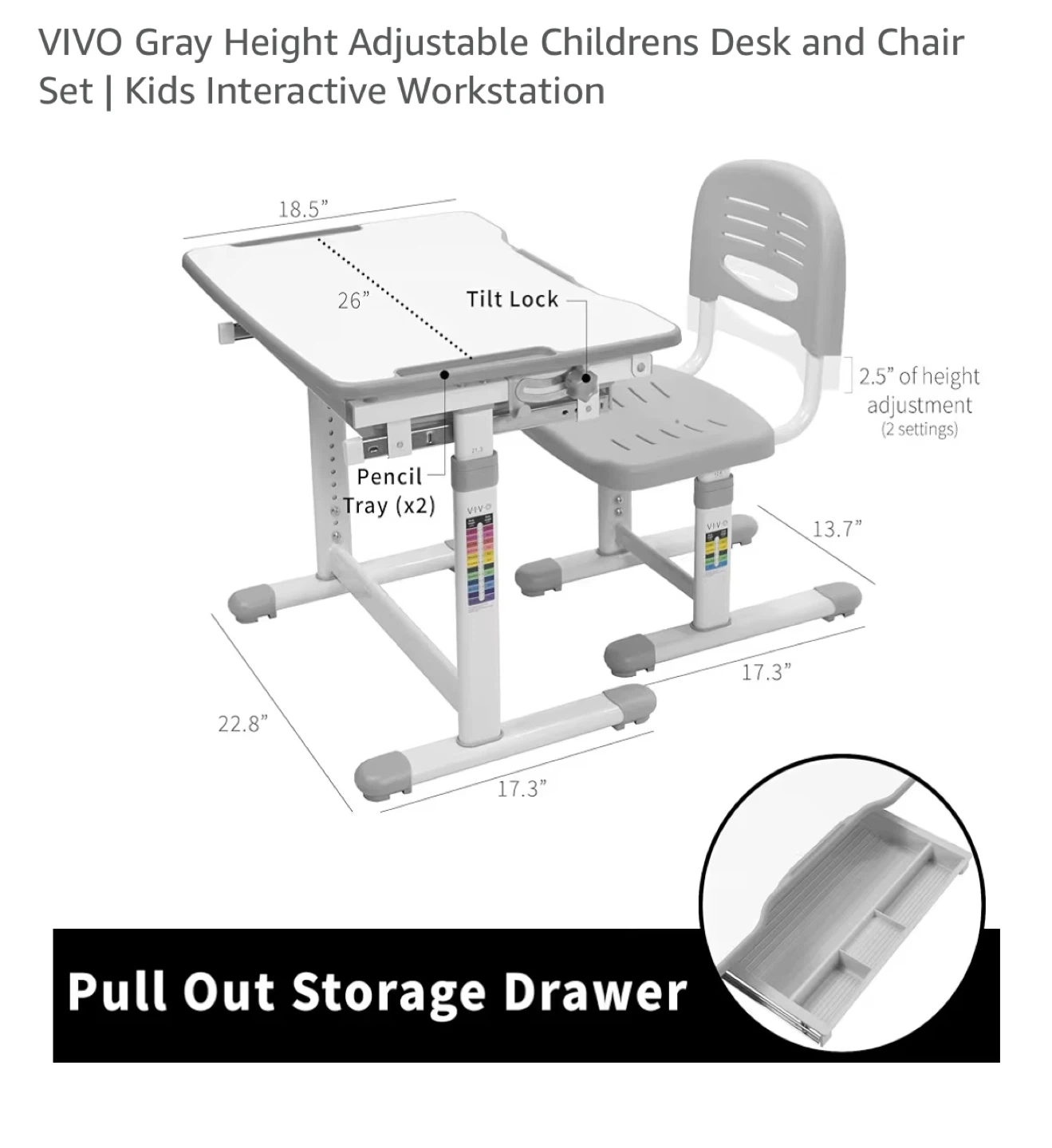 VIVO Gray Height Adjustable Childrens Desk and Chair Set - photo 3