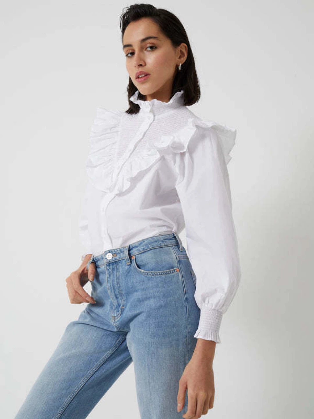 Smocked High Neck Ruffle Blouse