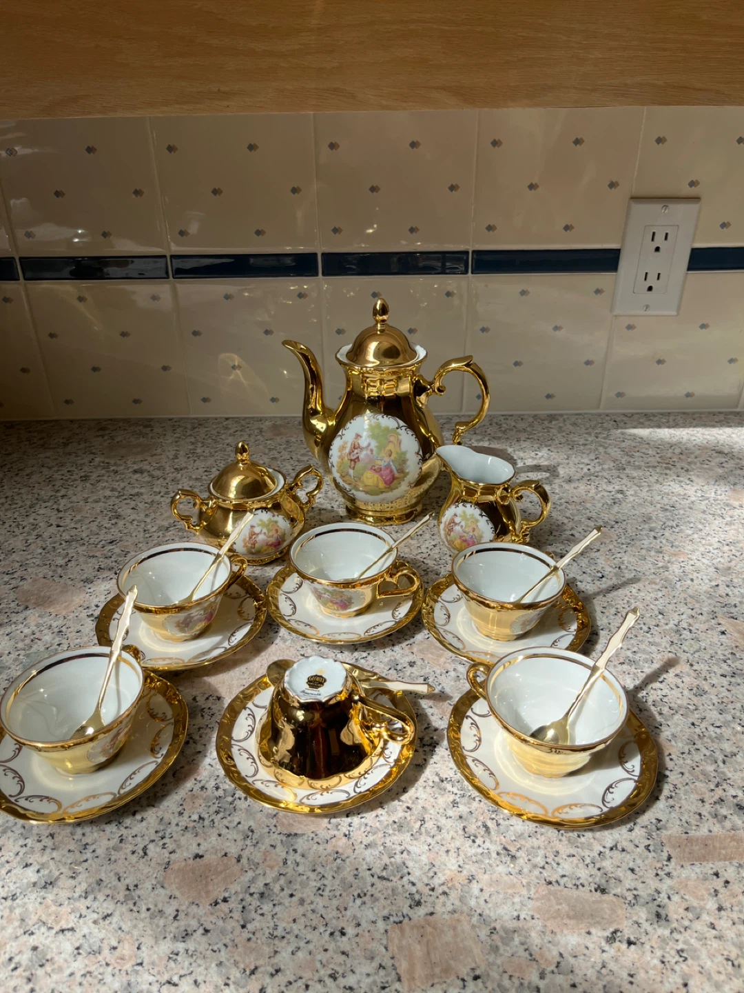 7-Piece Gold Trimmed Tea Set with Teapot and Cups