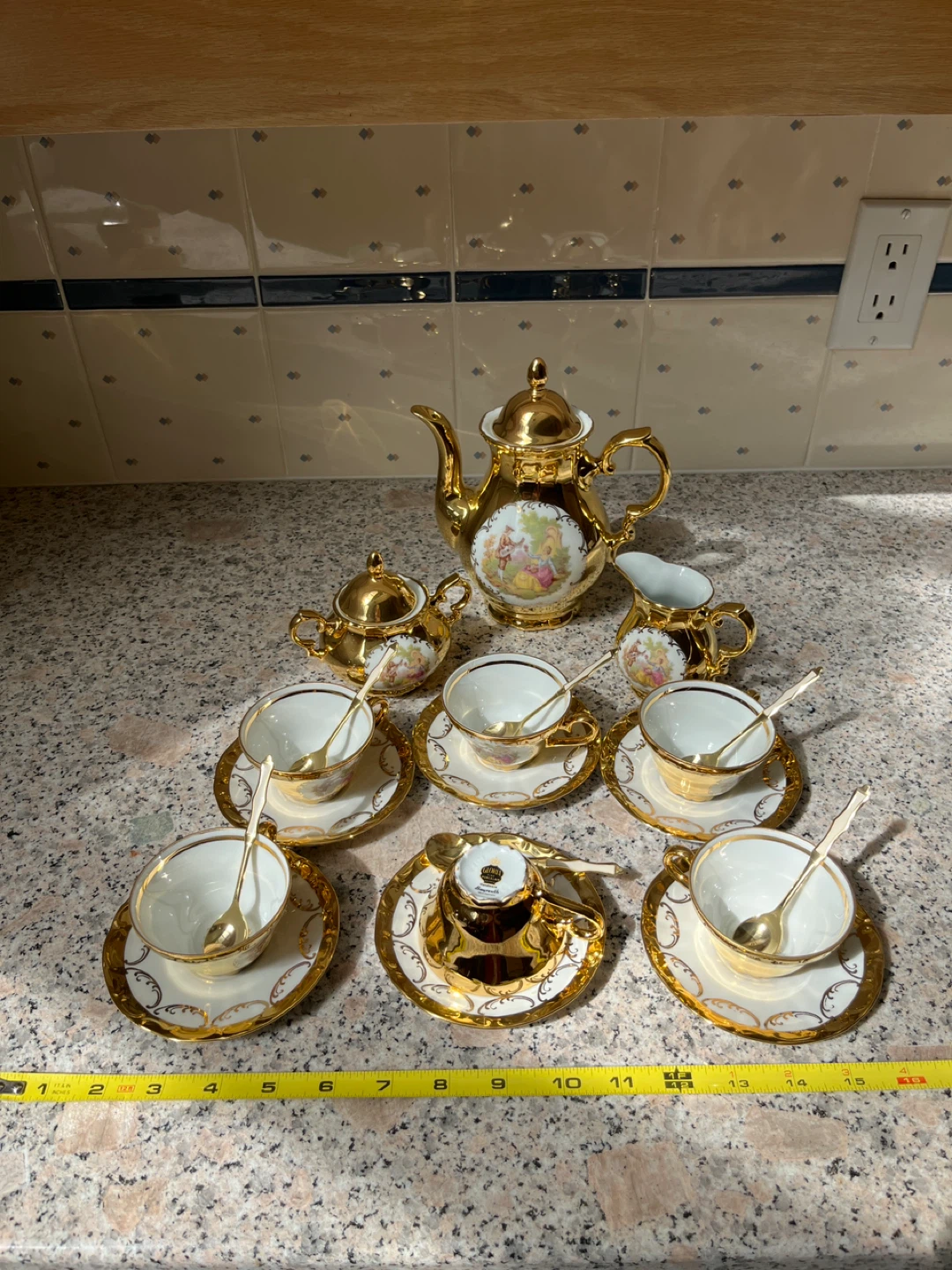 7-Piece Gold Trimmed Tea Set with Teapot and Cups - photo 2