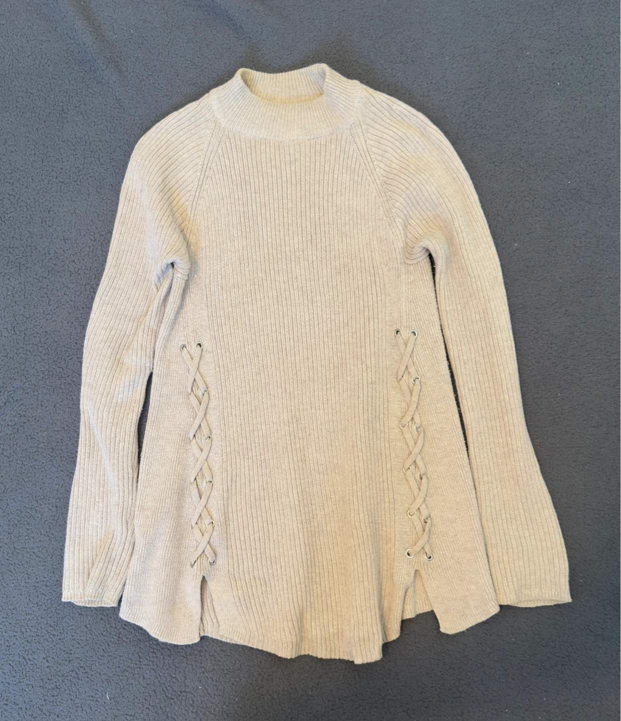 Beige Mock Neck Ribbed Sweater with Lace-Up Sides