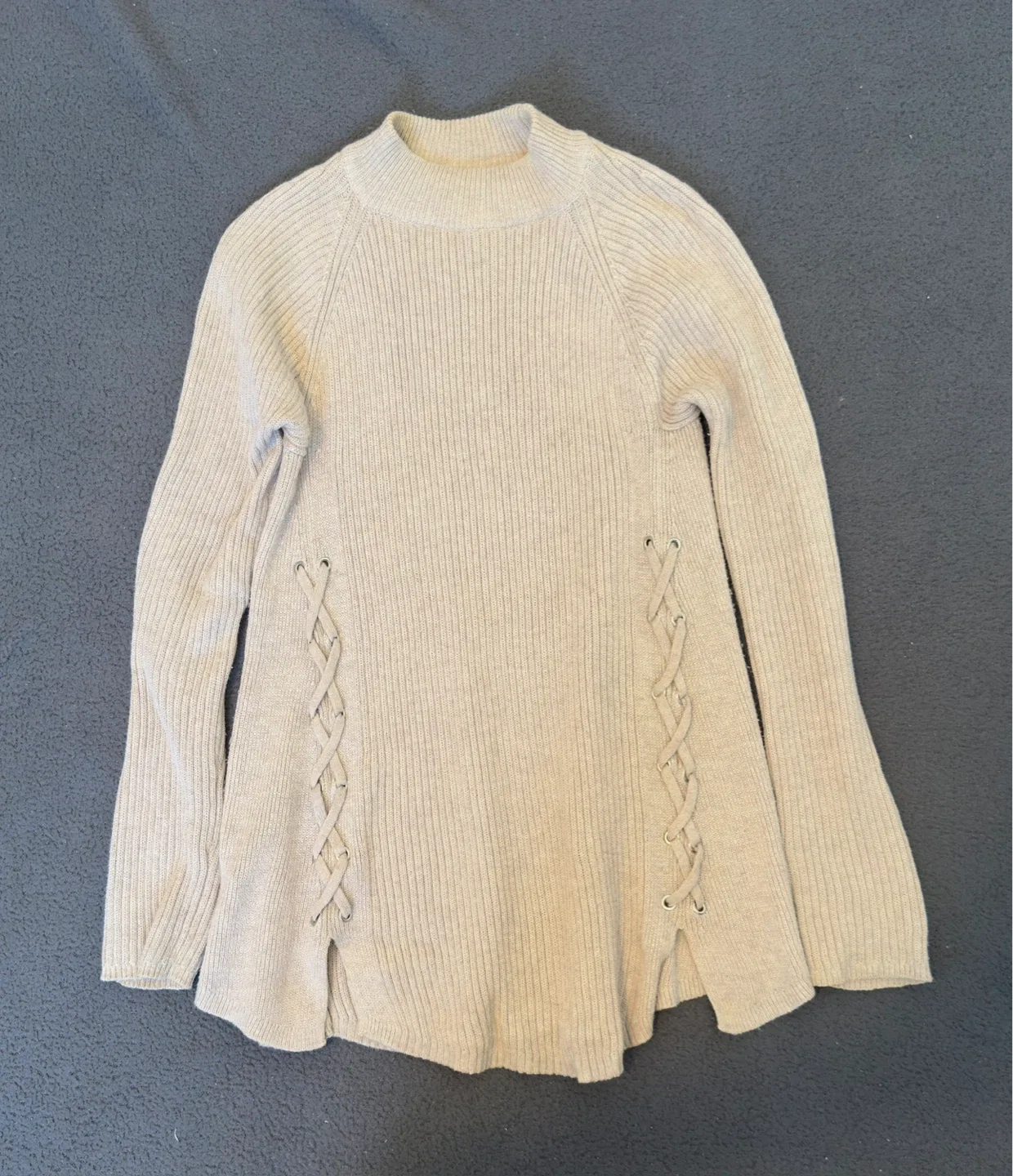 Beige Mock Neck Ribbed Sweater with Lace-Up Sides