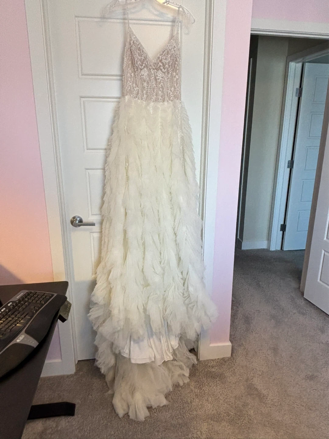 White Wedding Dress with Tulle Ruffles and Beading - photo 2