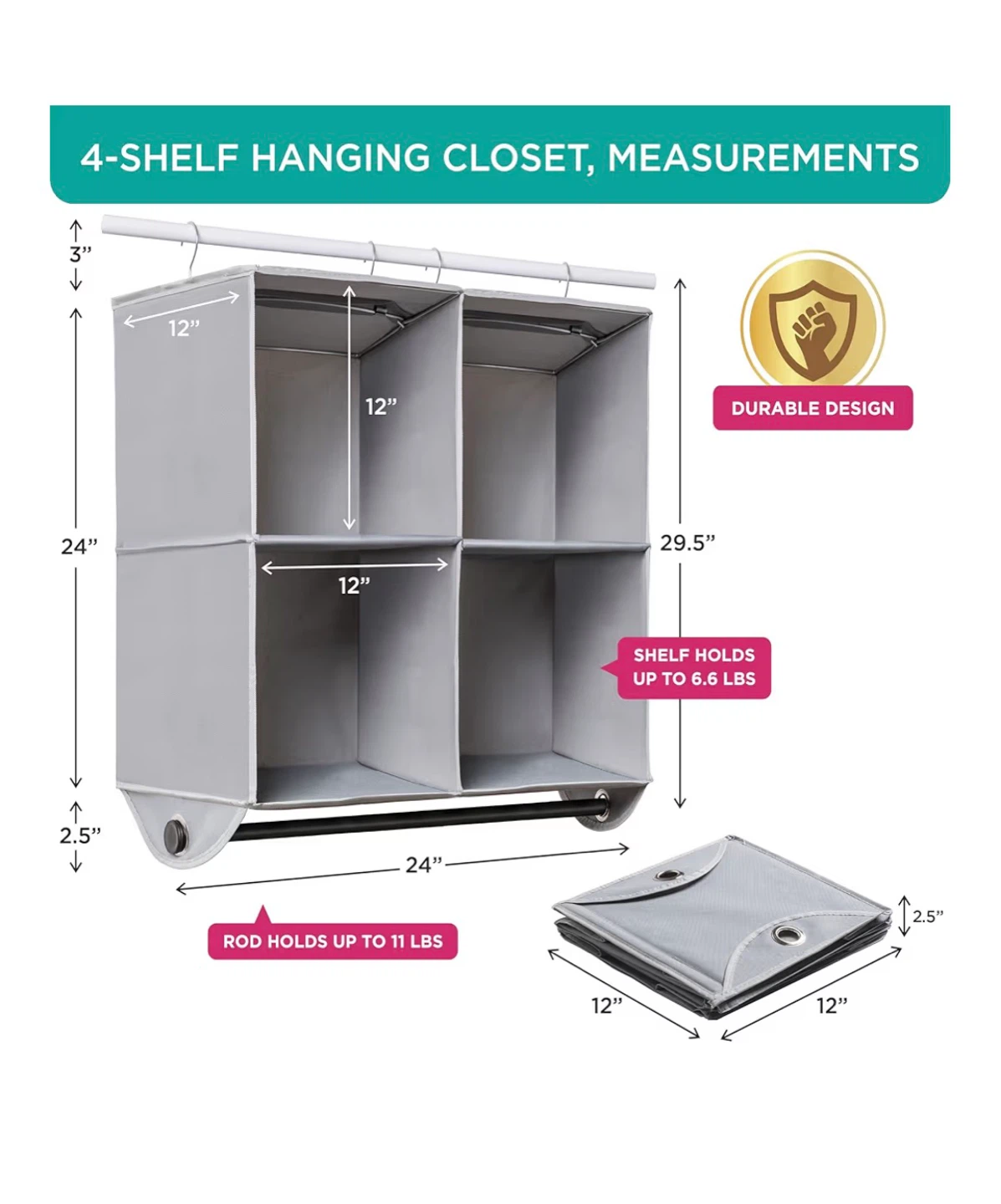 HOLDN' STORAGE 4-Shelf Hanging Closet Organizer - Grey - photo 2